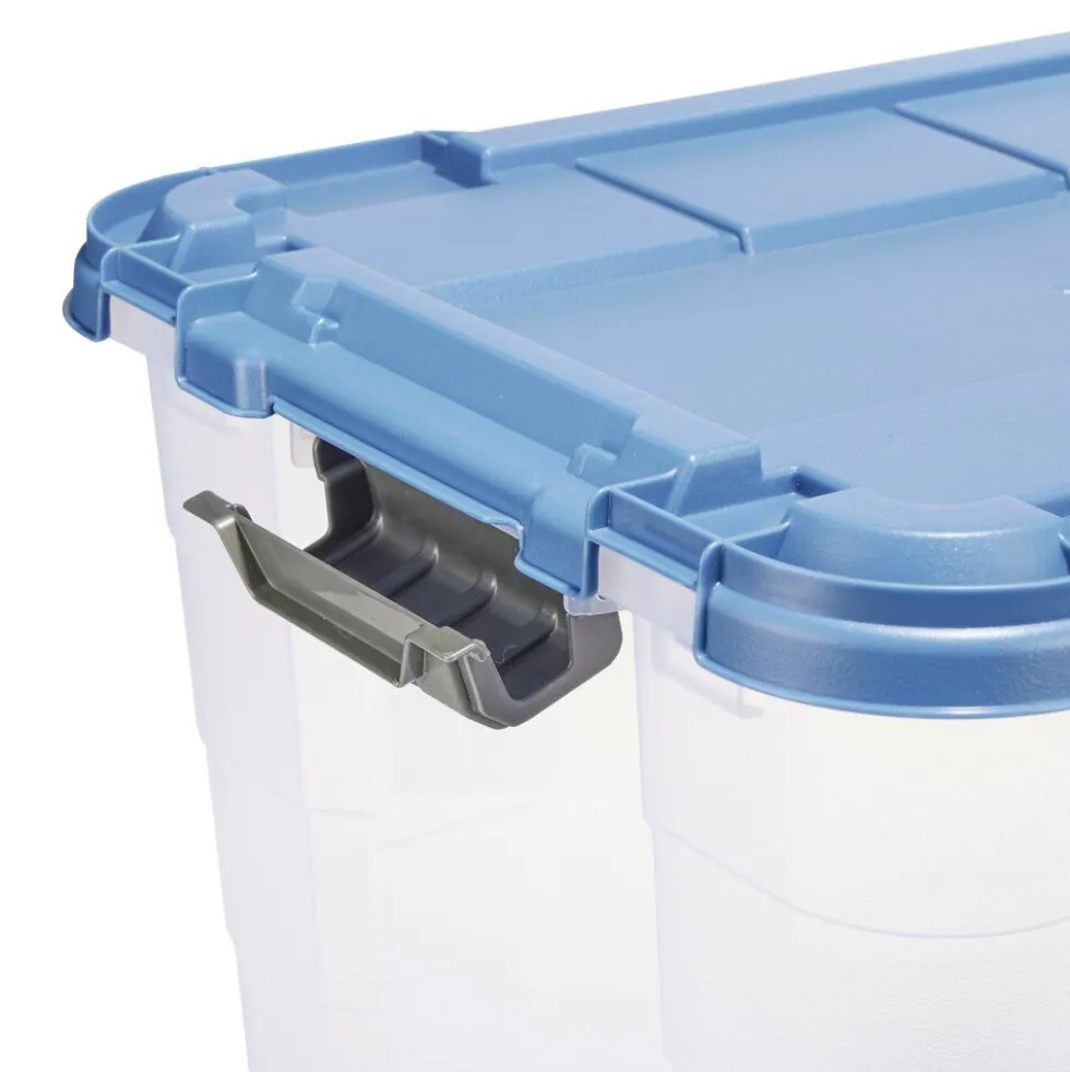 Box de rangement 60L plastique transparent 4 roues couvercle malin bleu 59x39xH36cm