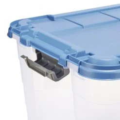 Box de rangement 40L plastique transparent 4 roues couvercle malin bleu 59x39xH27cm