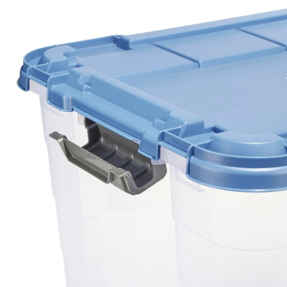 Box de rangement 40L plastique transparent 4 roues couvercle malin bleu 59x39xH27cm