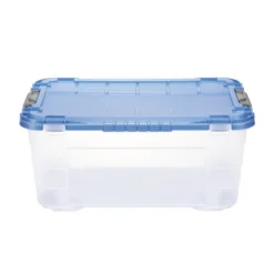 Box de rangement 40L plastique transparent 4 roues couvercle malin bleu 59x39xH27cm
