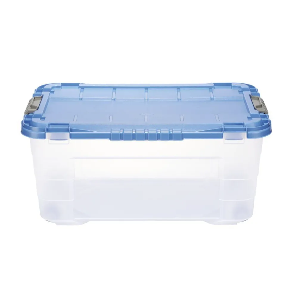 Box de rangement 40L plastique transparent 4 roues couvercle malin bleu 59x39xH27cm