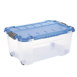Box de rangement 40L plastique transparent 4 roues couvercle malin bleu 59x39xH27cm