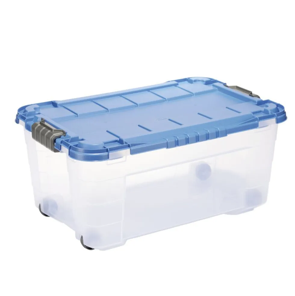 Box de rangement 40L plastique transparent 4 roues couvercle malin bleu 59x39xH27cm
