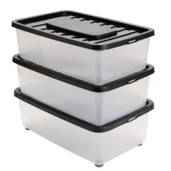 Box dessous de lit 25L x3 plastique transparent couvercle noir 56x37xH18cm