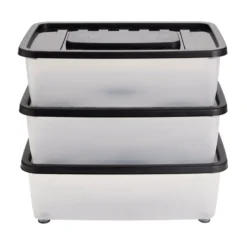 Box dessous de lit 25L x3 plastique transparent couvercle noir 56x37xH18cm