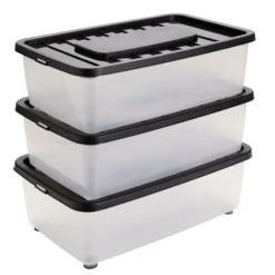 Box dessous de lit 25L x3 plastique transparent couvercle noir 56x37xH18cm