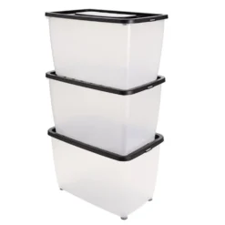 Box dessous de lit 46L x3 plastique transparent couvercle noir 56x37xH34cm
