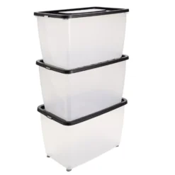 Box dessous de lit 46L x3 plastique transparent couvercle noir 56x37xH34cm