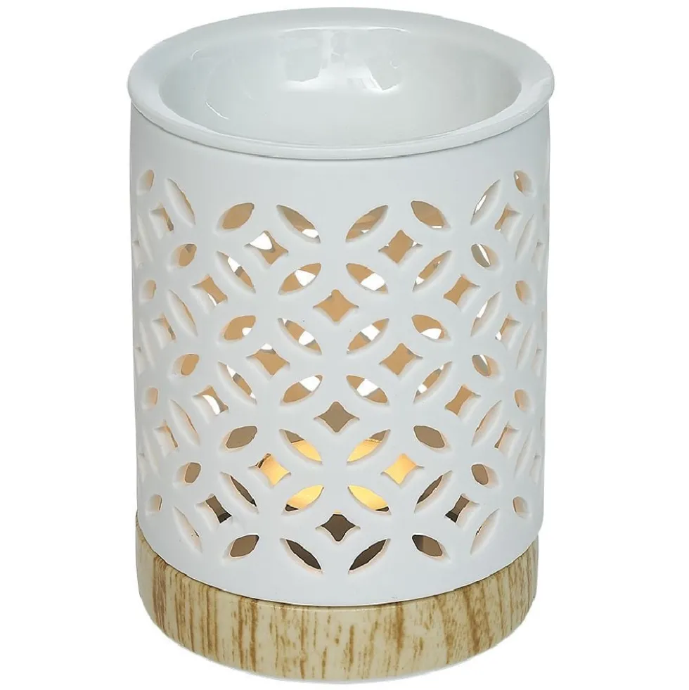 Brûle parfum Mességué céramique socle bois blanc et marron