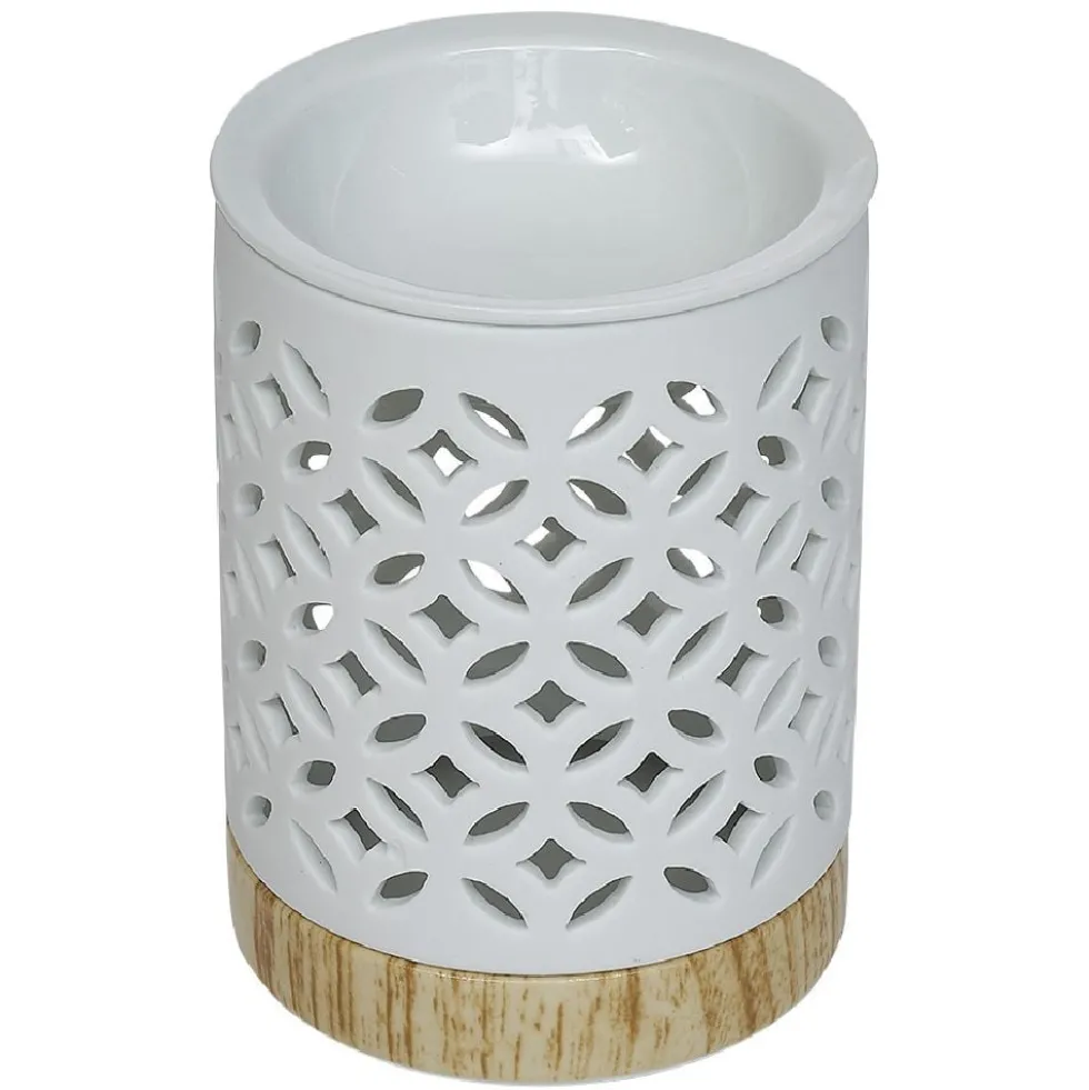 Brûle parfum Mességué céramique socle bois blanc et marron