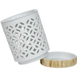 Brûle parfum Mességué céramique socle bois blanc et marron