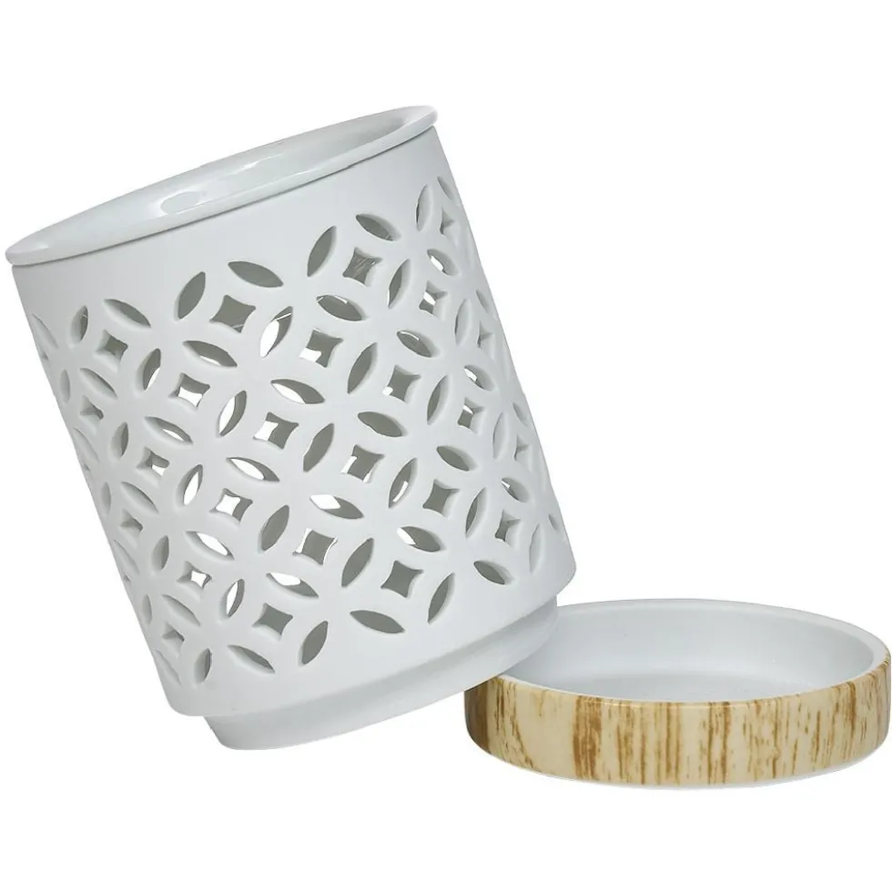 Brûle parfum Mességué céramique socle bois blanc et marron