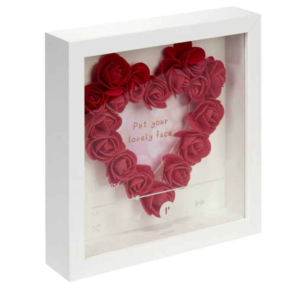 Cadre photo bois blanc avec coeur en roses rouges inscription I Love You 20x20cm