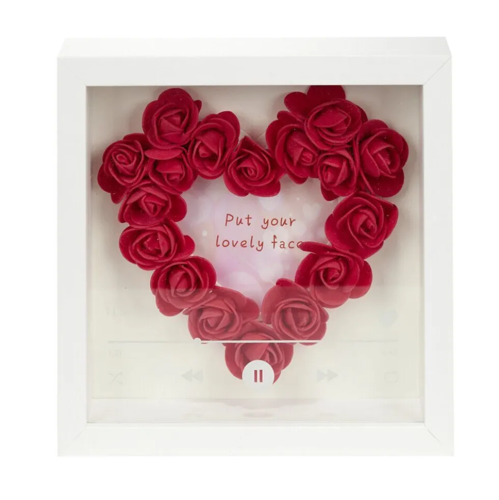 Cadre photo bois blanc avec coeur en roses rouges inscription I Love You 20x20cm
