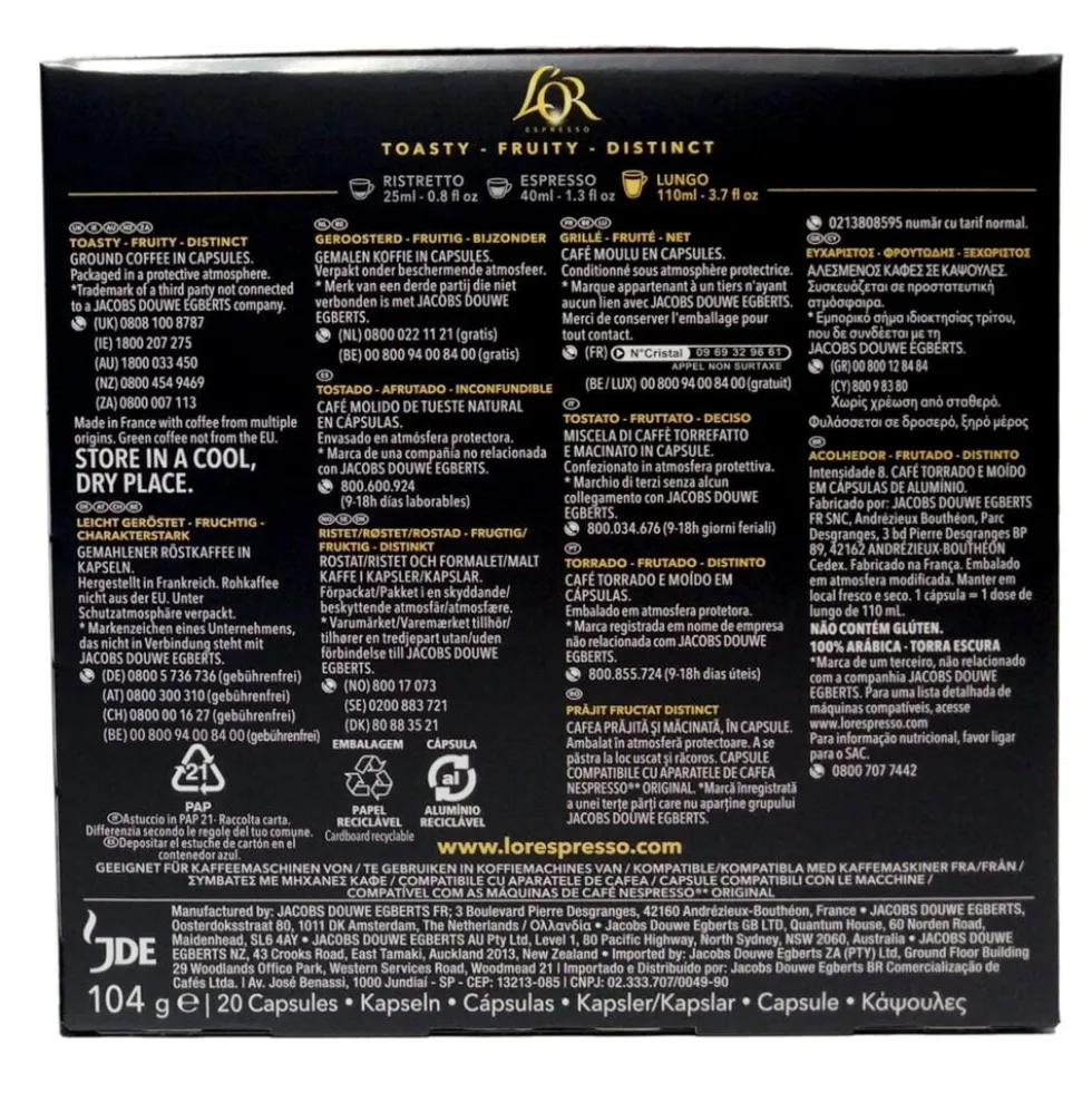 Café capsule L'or Lungo profondo 20 doses intensité 8