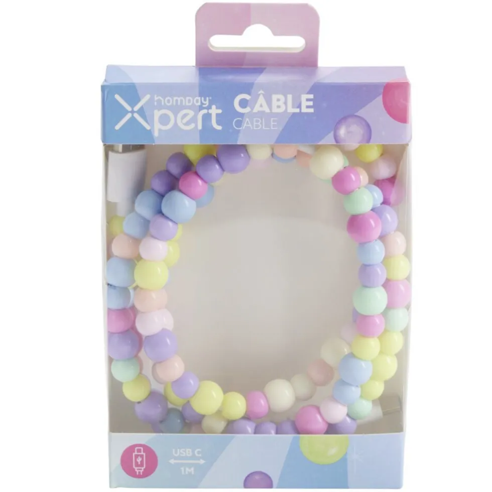 Câble de charge USB vers USB-C x2 fil perles plastique 1m