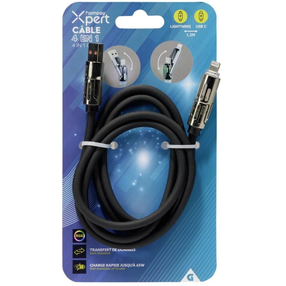 Câble lumineux lightning USB USBC 4en1 RGB 1,2m (4 modèles)