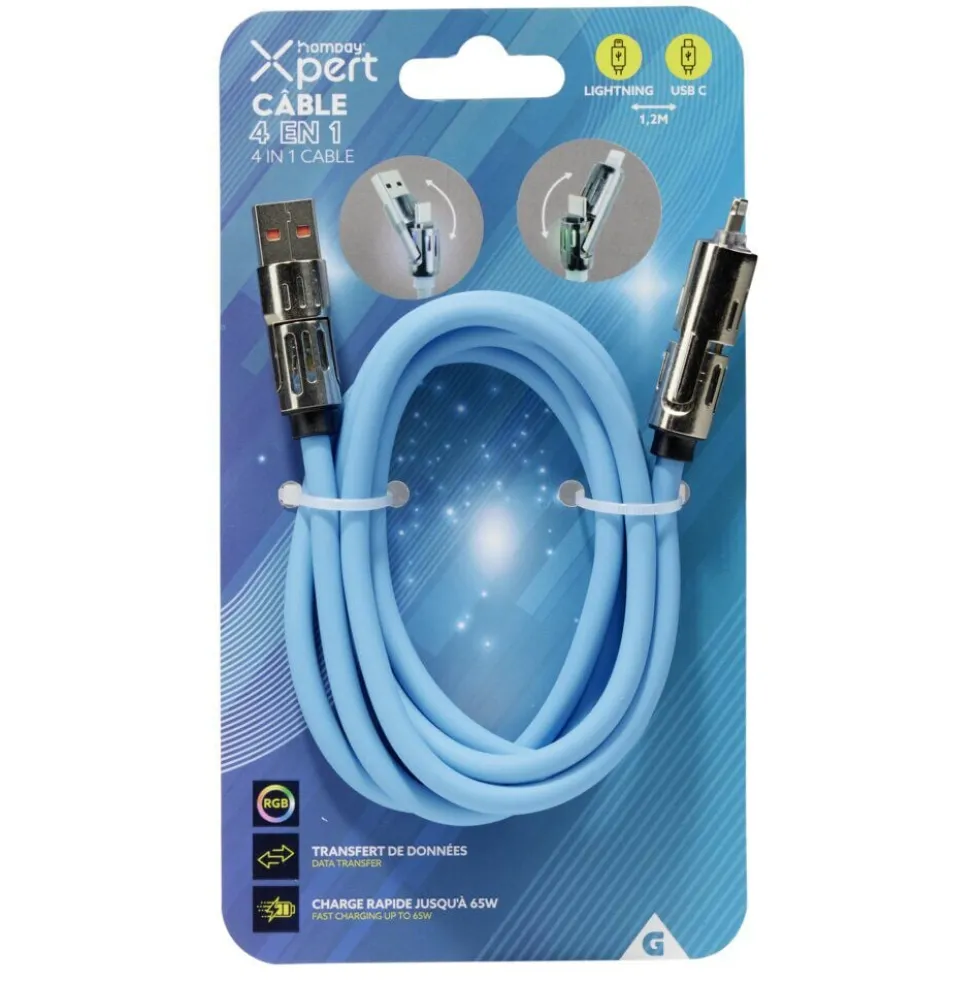 Câble lumineux lightning USB USBC 4en1 RGB 1,2m (4 modèles)