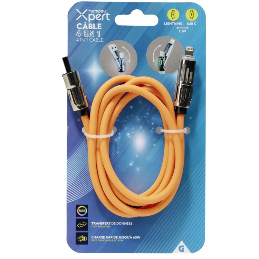 Câble lumineux lightning USB USBC 4en1 RGB 1,2m (4 modèles)