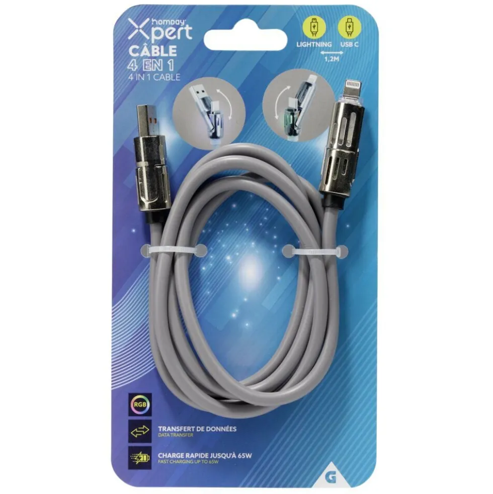 Câble lumineux lightning USB USBC 4en1 RGB 1,2m (4 modèles)