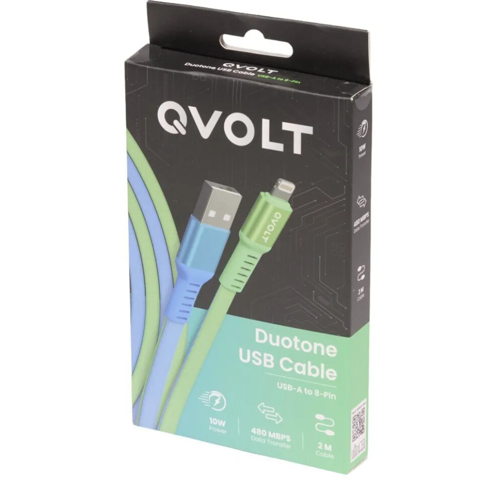Câble USB-A vers Lightning charge rapide bicolore vert et bleu 2m