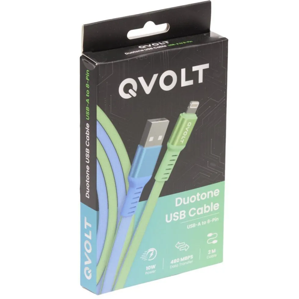 Câble USB-A vers Lightning charge rapide bicolore vert et bleu 2m