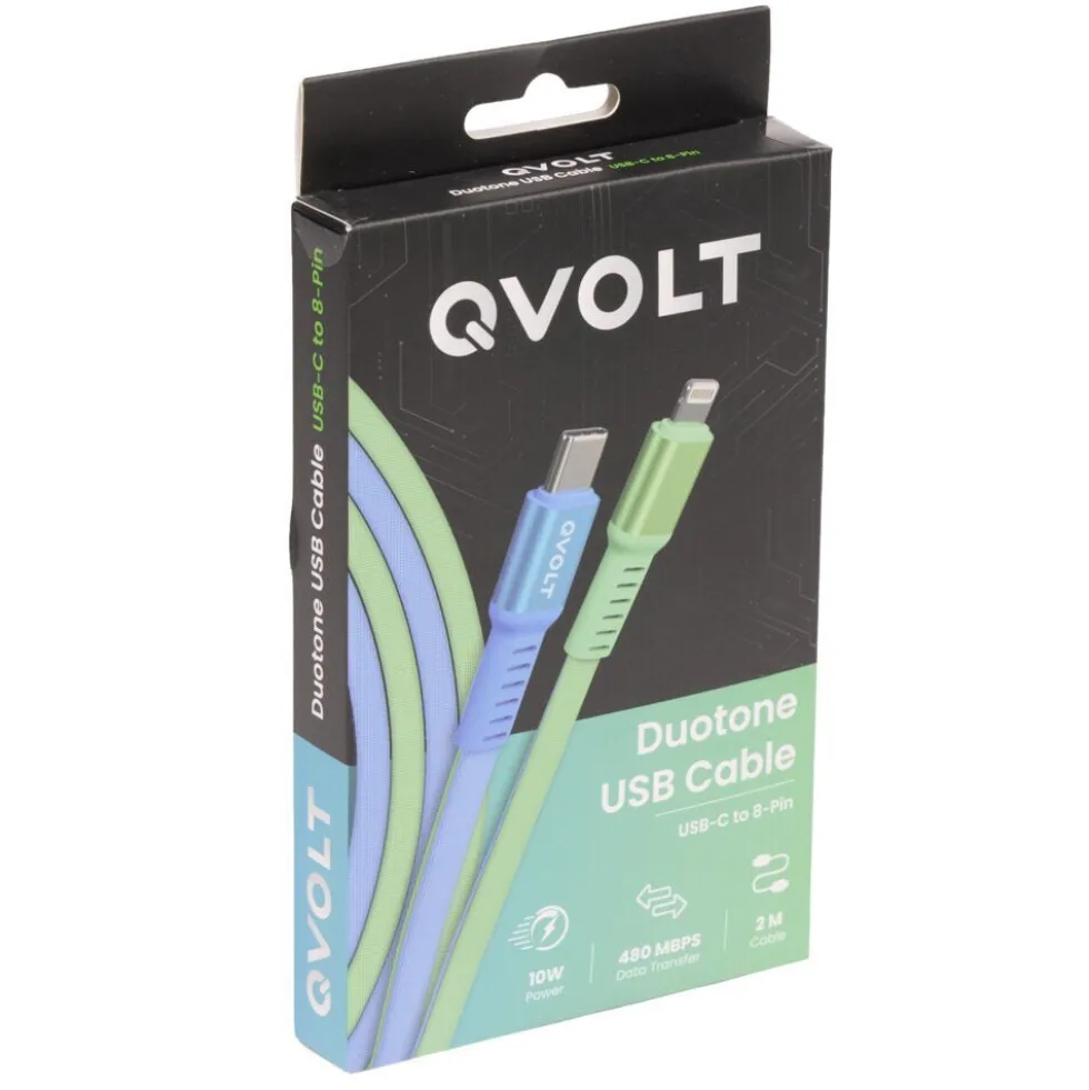 Câble USB-C vers Lightning charge rapide bicolore vert et bleu 2m