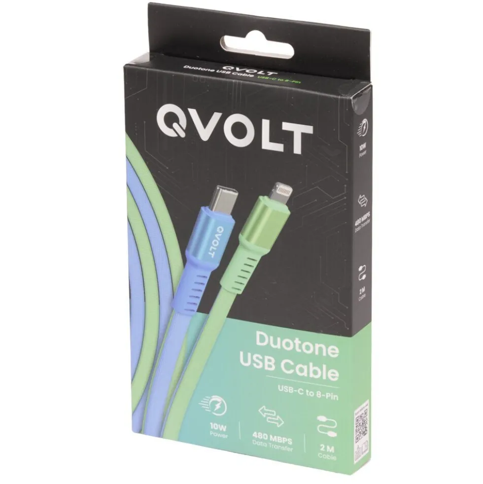 Câble USB-C vers Lightning charge rapide bicolore vert et bleu 2m