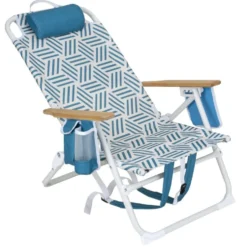 Chaise de plage pliante poignées bambou poches latérales blanc et bleu 66x58xH81cm
