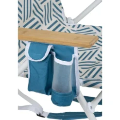 Chaise de plage pliante poignées bambou poches latérales blanc et bleu 66x58xH81cm