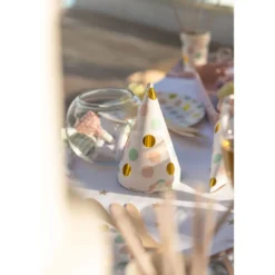 Chapeau de fête blanc à poids rose, vert et doré en carton x 8