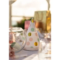 Chapeau de fête blanc à poids rose, vert et doré en carton x 8