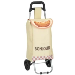 Chariot de courses pliable à roulettes Bonjour motif croissant beige 32x28xH87cm