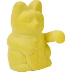 Chat porte-bonheur velours jaune 11xH15x9cm