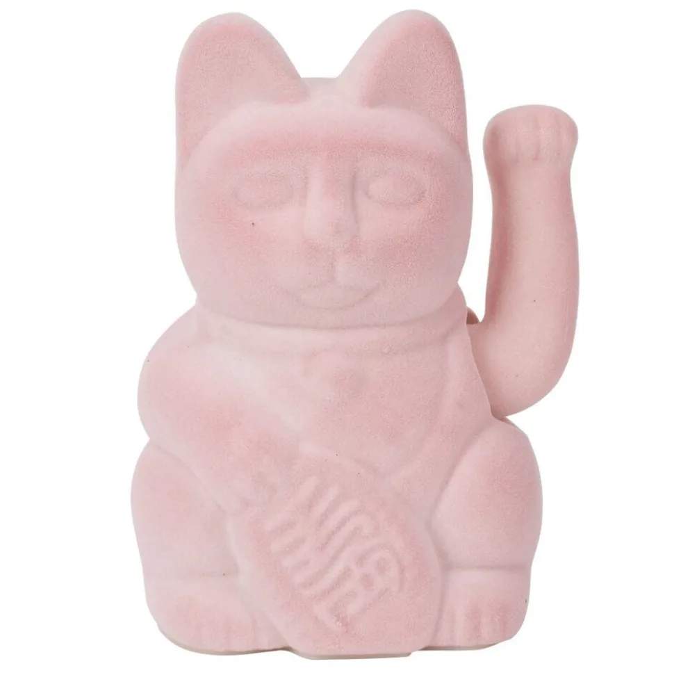 Chat porte-bonheur velours rose 11xH15x9cm