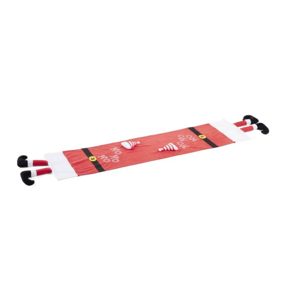 Chemin de table tissu velours rouge effet pieds de Père Noël 34x136cm