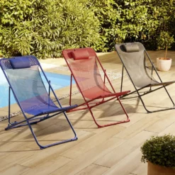 Chilienne Garden pliante avec têtière 3 positions grise 56x82xH76-90cm