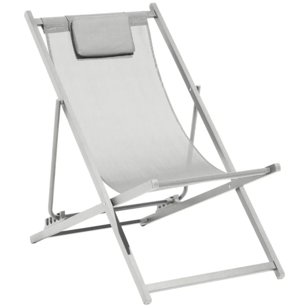 Chilienne Oxford pliante avec têtière aluminium et textilène gris 100x61xH92cm