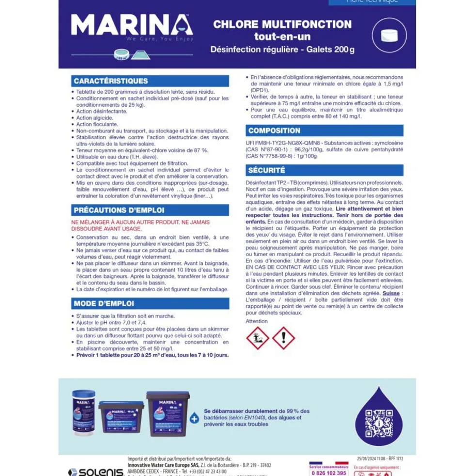 Chlore multifonctions galet 200g Marina 5kg