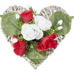 Coeur effet tressé fleur artificielle rose rouge et blanche 30x31xH16cm