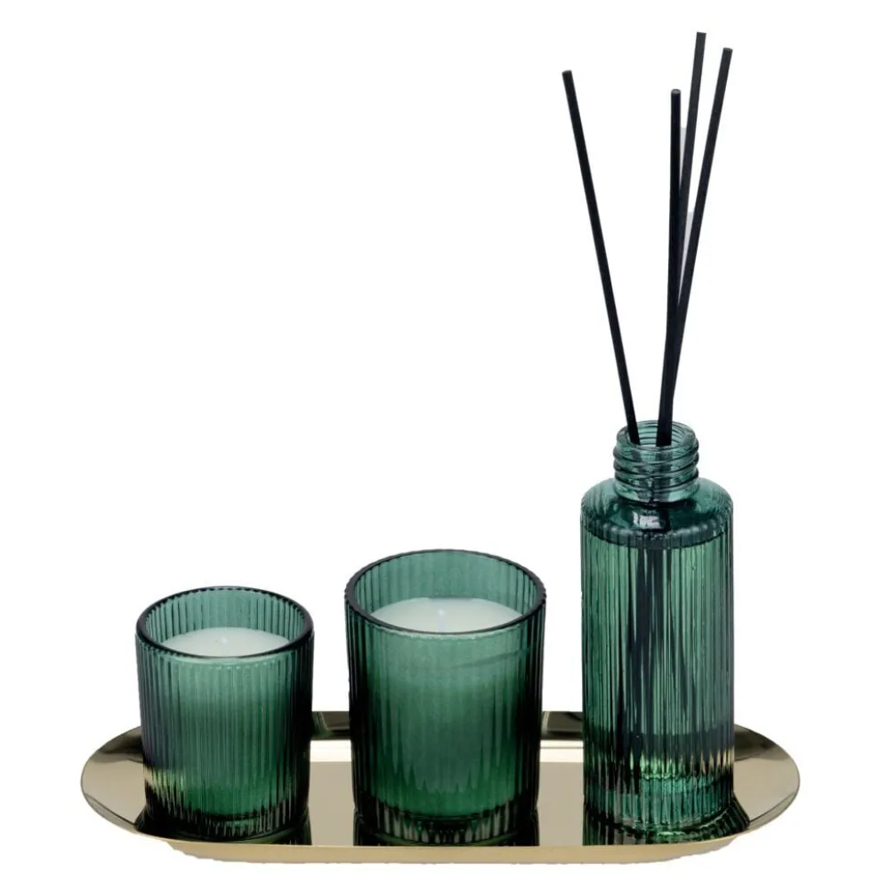 Coffret senteur bougie x2 avec diffuseur 100ml et plateau métal doré (3 modèles)