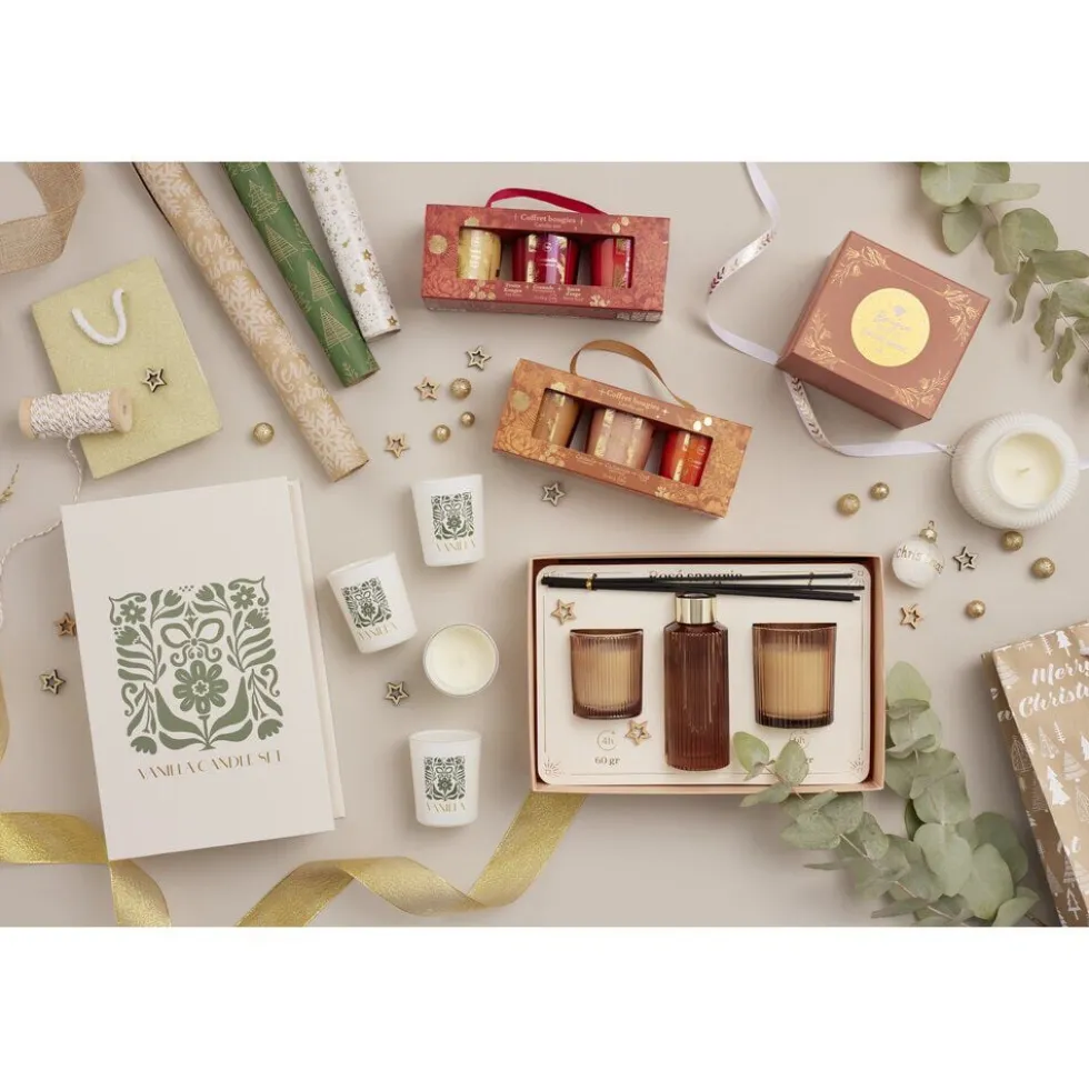 Coffret senteur bougie x2 avec diffuseur 100ml et plateau métal doré (3 modèles)