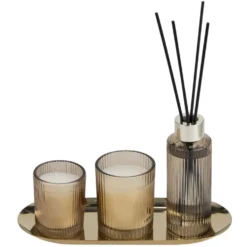 Coffret senteur bougie x2 avec diffuseur 100ml et plateau métal doré (3 modèles)