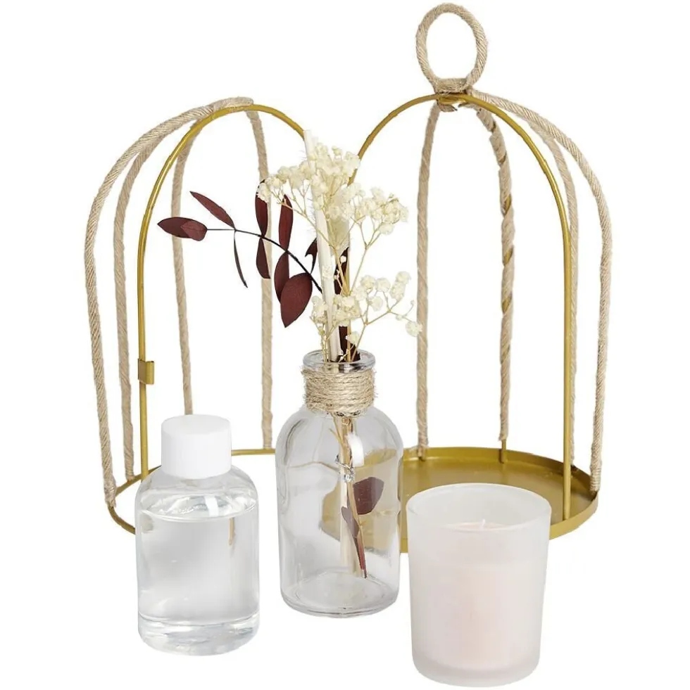 Coffret senteur cage corde fleur séchée rose Ø14xH24cm
