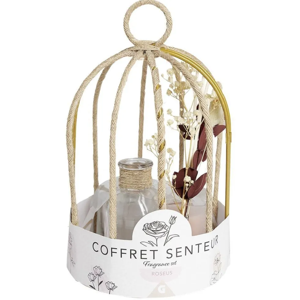 Coffret senteur cage corde fleur séchée rose Ø14xH24cm