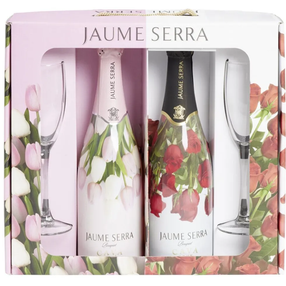 Coffret vin pétillant Cava Jaume Serra bouquet 2 bouteilles brut et rosé avec flûtes 2x75cl