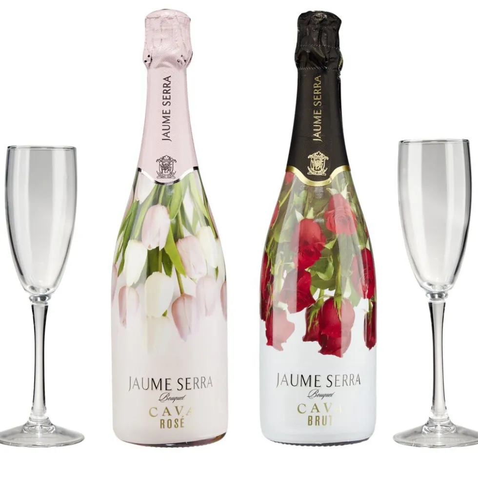 Coffret vin pétillant Cava Jaume Serra bouquet 2 bouteilles brut et rosé avec flûtes 2x75cl