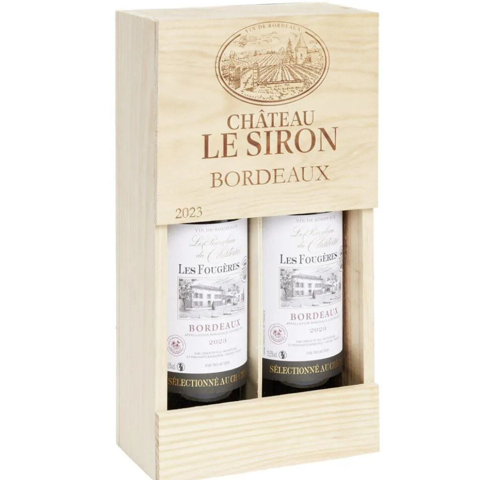 Coffret vin rouge en bois 2 bouteilles Bordeaux Château Le Siron 2023 2x75cl