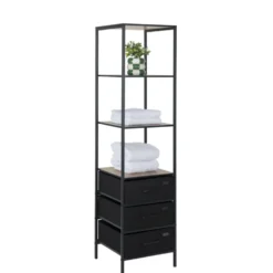 Colonne de rangement salle de bain 3 étagères 3 tiroirs métal noir 40x40xH167cm