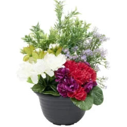 Composition artificielle sapin azalée violette pensée dans pot plastique H38cm